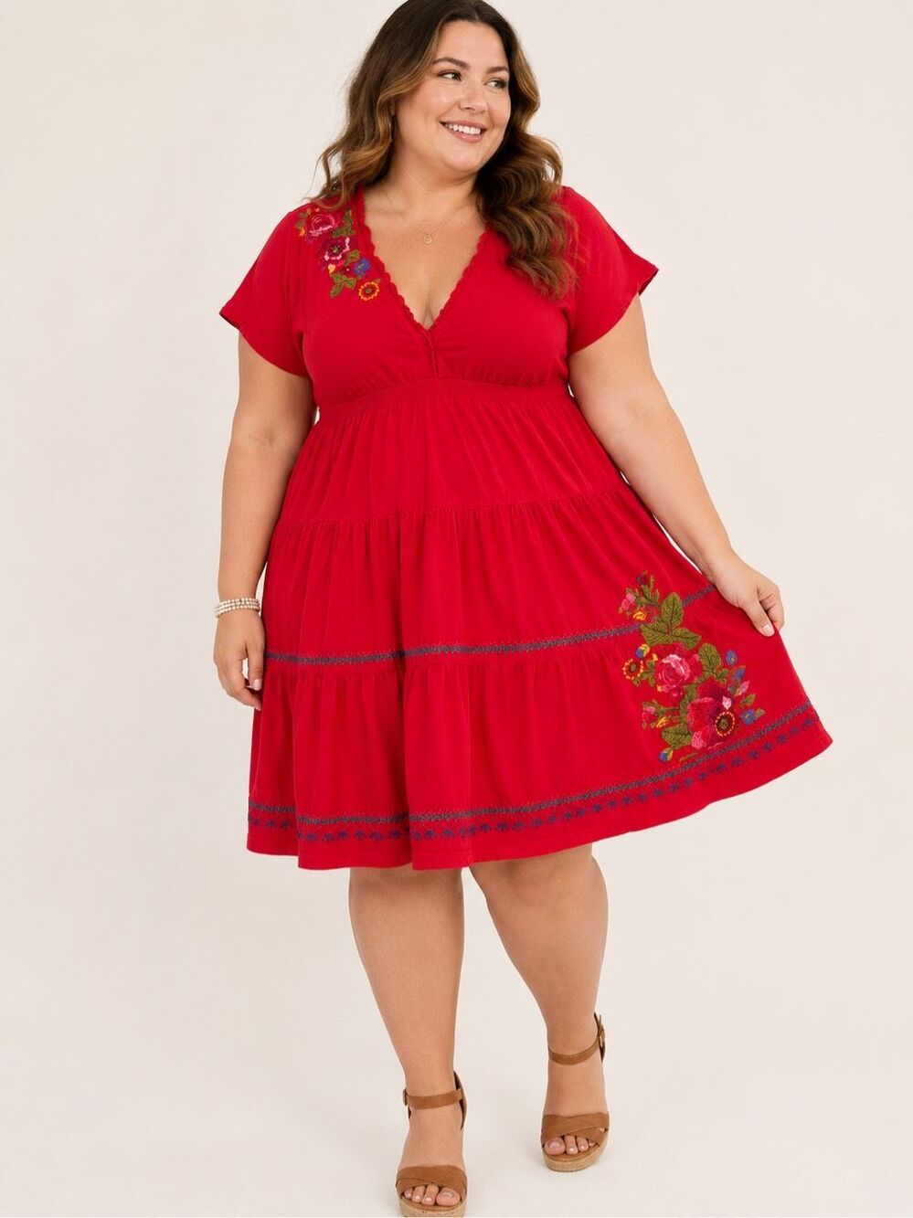 Johnny Was Los Angeles Red Floral Embroidered Tiered Dress Plus Size 2X